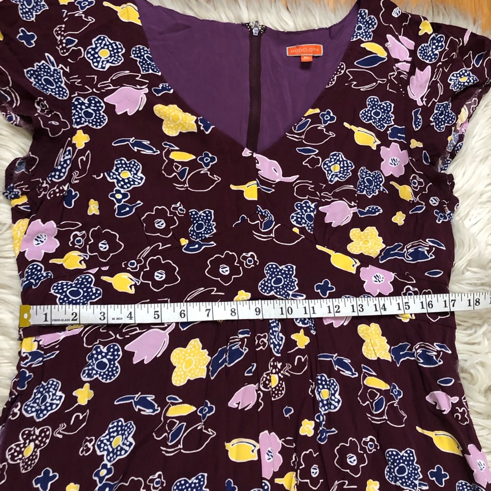 Modcloth Floral Print Flowy Chiffon Hi Low Yellow Plum Purple Maxi Dress size XL - Picture 15 of 16